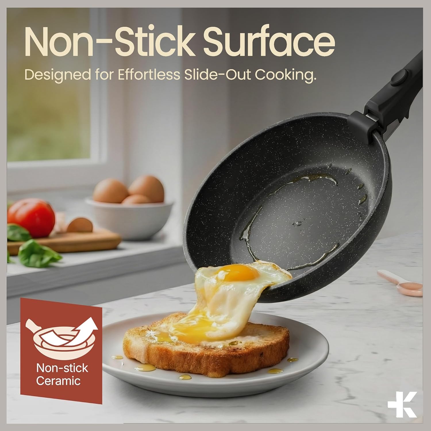 Skiennix Non-Stick Ceramic-Granite Pots & Pans Set - 15-Piece Stackable Cookware with Detachable Handles, Dishwasher Safe, Black Granite