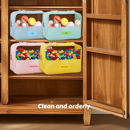 Dcwunk 4-Pack Large Toy Organizer PU Leather Organizer Bag with Zipper, Toy Organizer Bag with Portable Handheld Device, Waterproof Toy Bag Storage for Board Games Clay, Building Blocks, Toys (4 Pack)