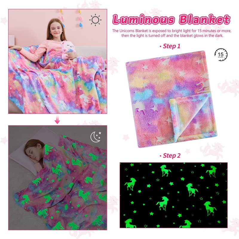 QSTEHEML Glow in The Dark Unicorn Blanket ，Birthday Gift for Girls Age 3-12 Years Old, Unicorns Toys Girls Presents for Grandkids, Soft Unicorns Throw Blanket for Daughter 50"×60"