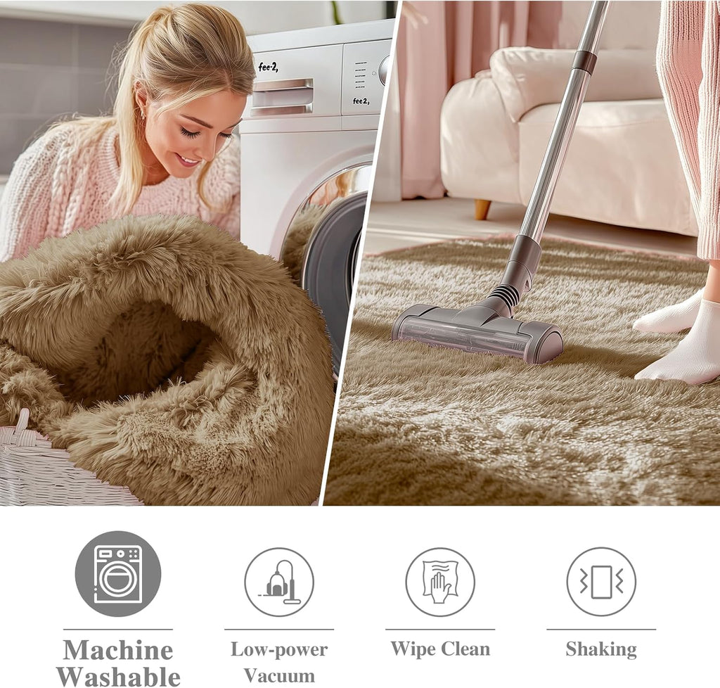 OLANLY Taupe Round Area Rug - Soft, Fluffy, Machine Washable 5 ft Circle Carpet for Bedroom & Living Room Decor
