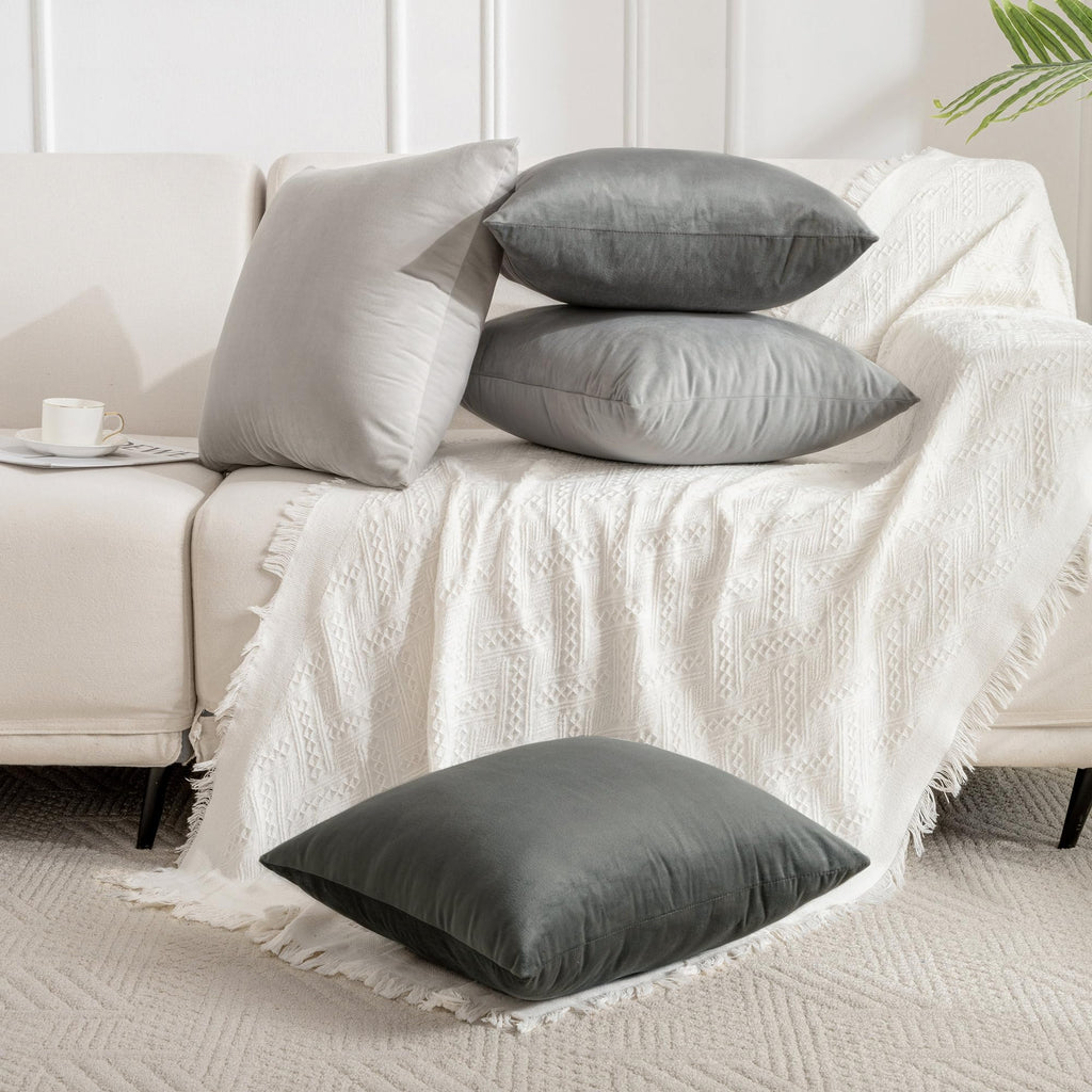 JELLYMONI Velvet Throw Pillow Covers Set of 4, 18 x 18 Inch Grey Decorative Cushion Covers, Soft Square Pillowcases for Sofa, Couch, Bed – No Insert Included
