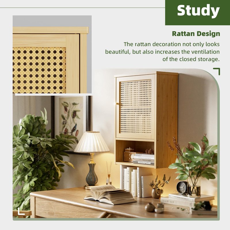 vovala Bathroom Wall Cabinet, Bamboo Over-The-Toilet Storage Organizer with Rattan Doors and Adjustable Shelf, Space Saver Medicine Cabinet for Laundry, Kitchen, Living Room (Natural)
