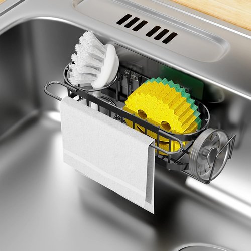 Cisily Kitchen Sink Caddy - Stainless Steel Sponge Holder & Organizer | 2 Installation Options (Suction & Adhesive)