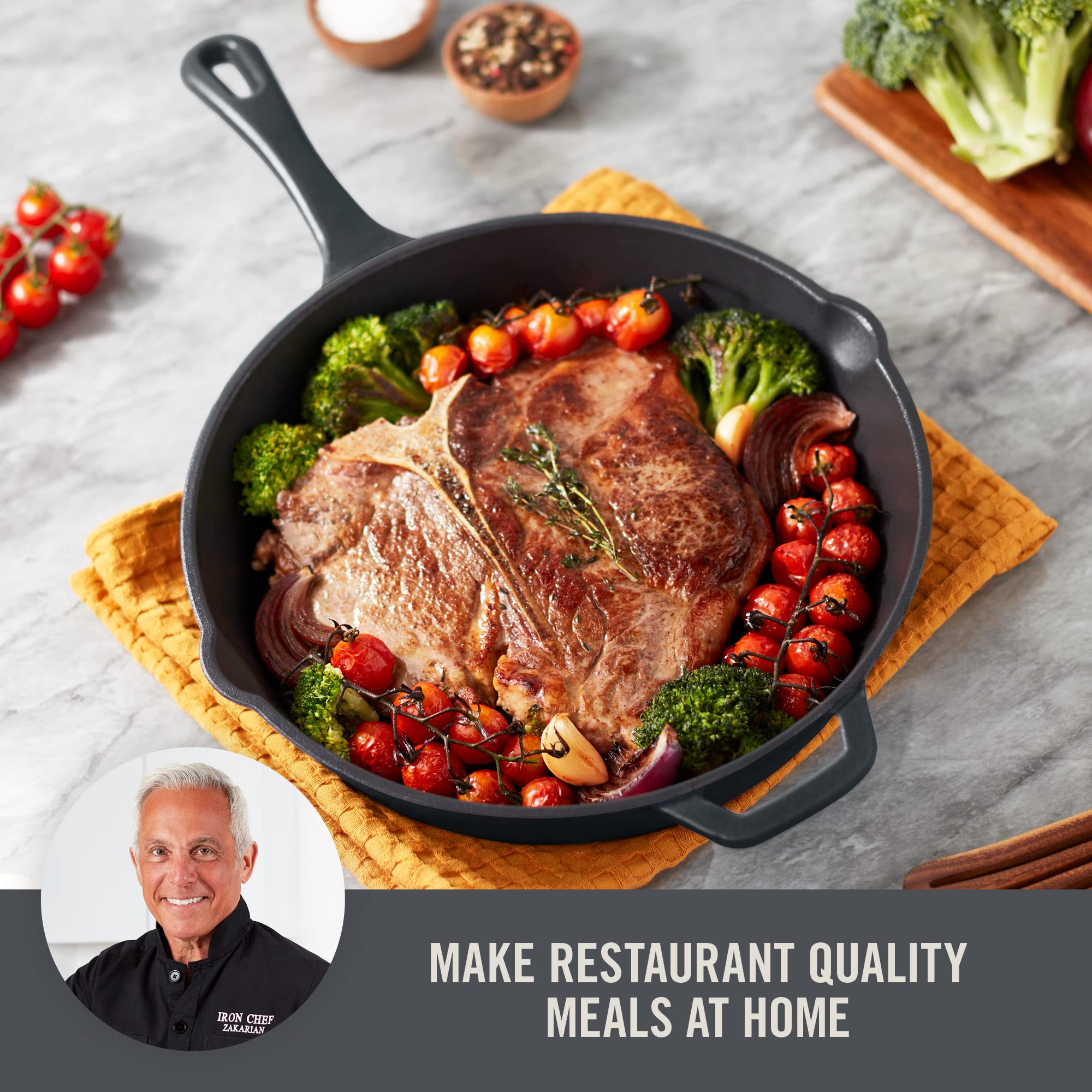 DASH Zakarian x Nonstick Cast Iron Skillet - Versatile Frying Pan Cookware - Oven-Safe Searing Skillet with Pour Spout and Quick-Clean Surface - Rust-Resistant - Black, 11-Inch