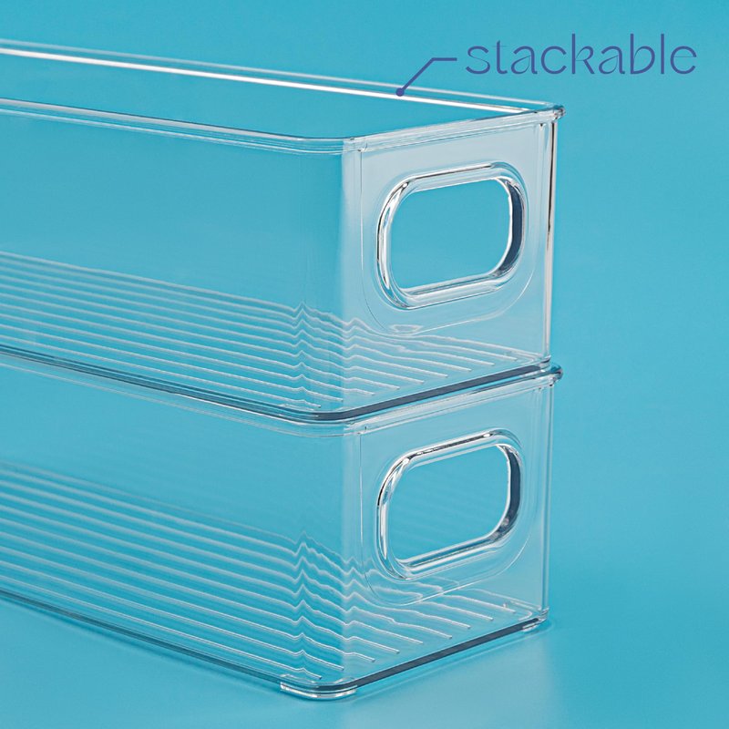 Plastic Food Storage 2 Pack Clear Container Bin with Handles for Organizing Kitchen, Pantry, Refrigerator, Freezer, Pantry, Cabinet, Closet, Bathroom. 14”X4”x4”