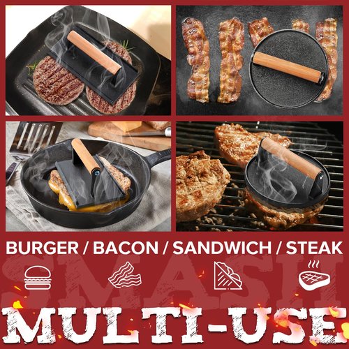 Grilliance 5pcs Smash Burger Press Kit, 3 in 1 Hamburger Press Patty Maker, Cast Iron Burger Press Round & Rectangle, 100pcs Wax Paper for Grill, Griddle, Flat top, Kitchen, Cooking
