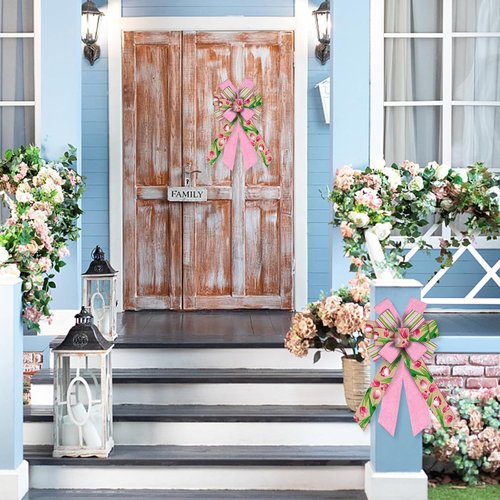 Hying Large Flower Bow - Spring Tulip Design in Pink Stripes | Perfect for Easter Wreaths & Front Door Decor