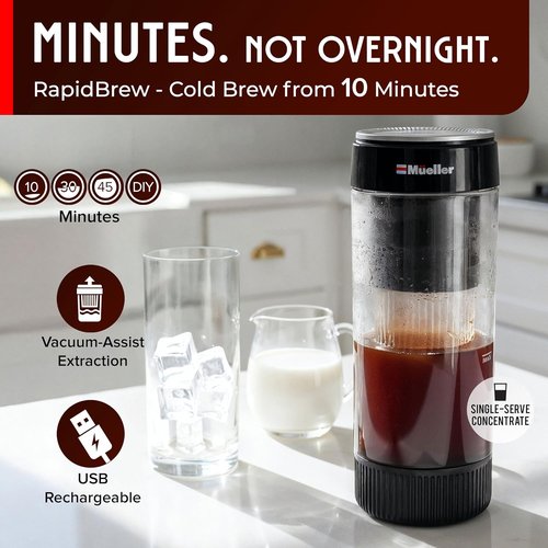 Mueller RapidBrew Cold Brew Iced Coffee Maker - Fast 10-Minute Brewing | Portable & Rechargeable, 20 Servings, Black
