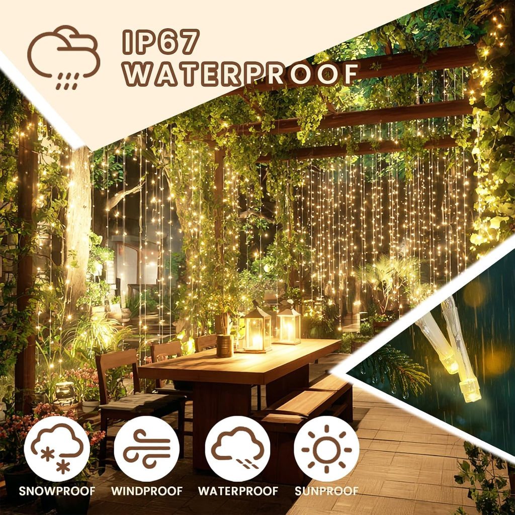 Skiennix 300 LED Curtain String Lights - Warm White with Remote & Timer | 9.8x9.8 Ft Waterproof Decor