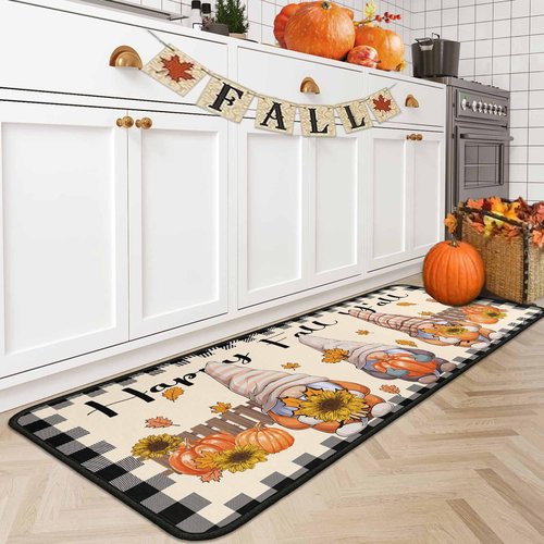 Buffalo Plaid Pumpkin Fall Kitchen Rugs Set of 2, Non Slip Absorbent Autumn Thanksgiving Kitchen Mats Pumpkin Gnomes Kitchen Rugs and Mats Sets 17"x47"+17"x30"