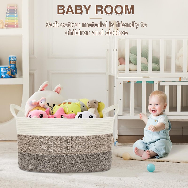 YOUDENOVA Nursery Storage Basket，21.6''×14.9''×11.8'' Rectangle Cotton Rope Blanket Basket, Nursery Laundry Hamper for Organizing，Toy Basket for Living Room, Bedroom