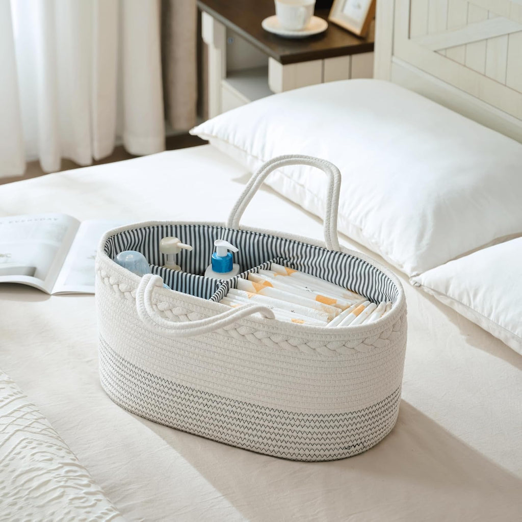 Skiennix Luxury Diaper Caddy Organizer - Large Cotton Rope Baby Basket for Nursery Storage | Off White