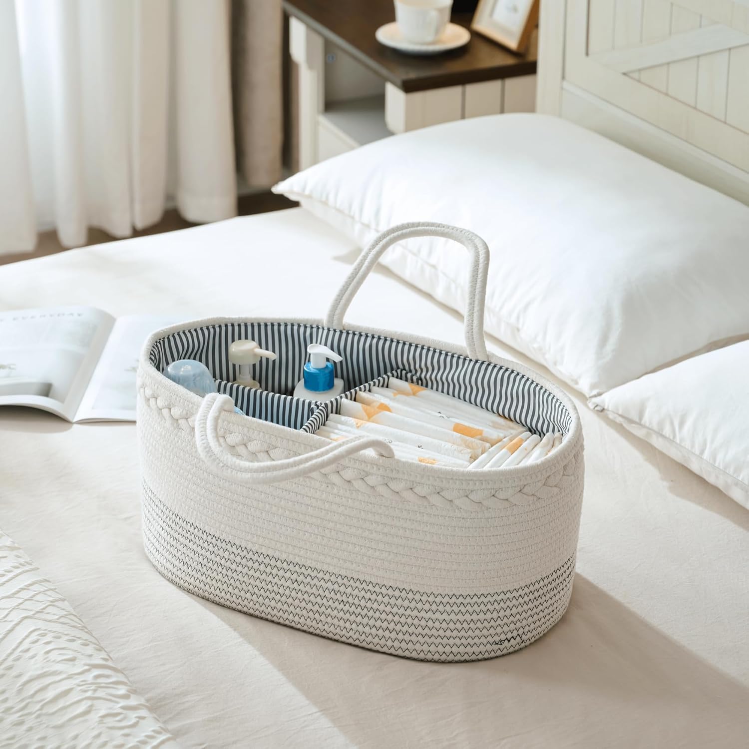 Skiennix Luxury Diaper Caddy Organizer - Large Cotton Rope Baby Basket for Nursery Storage | Off White
