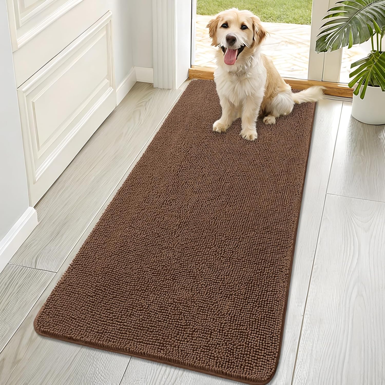 OLANLY Dog Door Mat - Absorbent Non-Slip Chenille Mat for Muddy Paws | 70x32 Mocha, Quick Dry Indoor Carpet