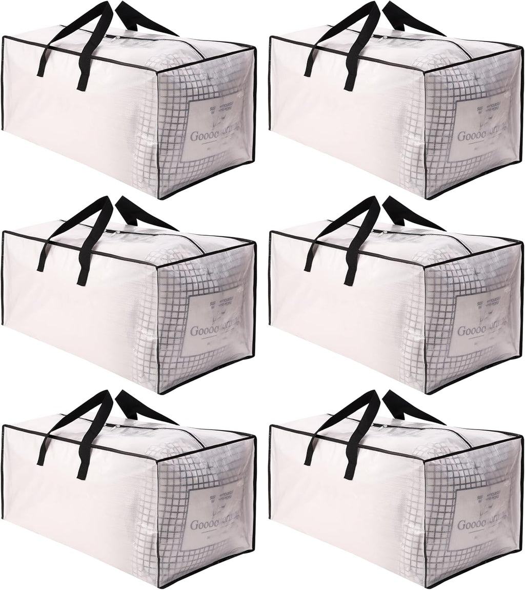 Sweet Dolphin Extra Large Moving Bags - Heavy Duty Storage Totes with Strong Zippers & Handles | 6 Pack, Fold Flat, Semi-Transparent