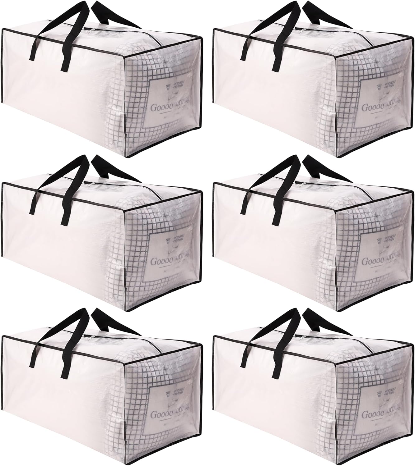 Sweet Dolphin Extra Large Moving Bags - Heavy Duty Storage Totes with Strong Zippers & Handles | 6 Pack, Fold Flat, Semi-Transparent