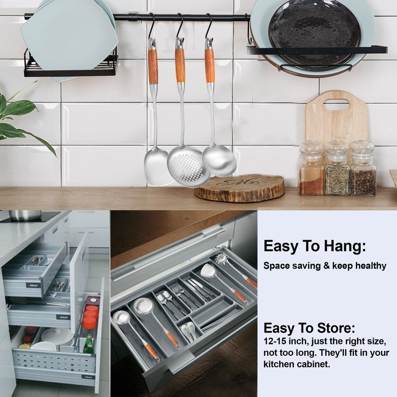 NIITAWH Stainless Steel Kitchen Utensils Set with Wooden Handle for Cooking 9 PCS with Solid and Slotted Spoon, Fork, Spatula, Ladle, Skimmer, Slotted Tunner, Spaghetti and Large Spoon