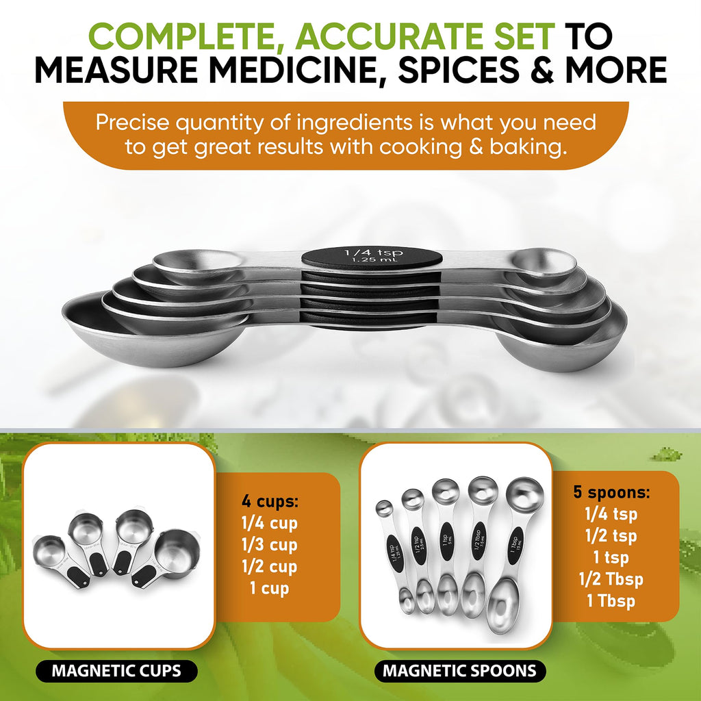 Spring Chef Magnetic Measuring Cups & Spoons Set, Patented, Strong N45 Magnets, Heavy Duty Stainless Steel Fits in Spice Jars for Baking & Cooking, BPA Free, Round Set of 9, Black