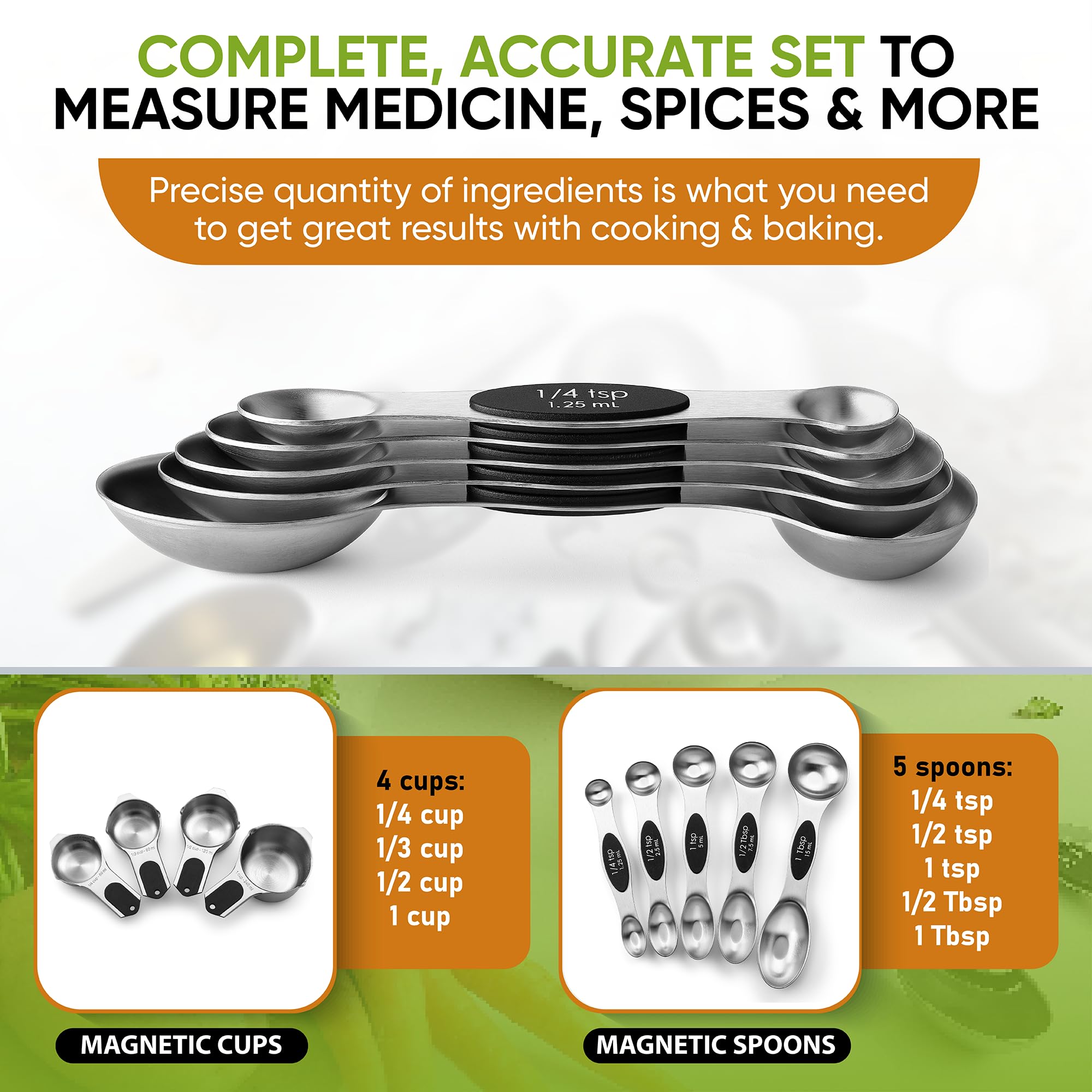 Spring Chef Magnetic Measuring Cups & Spoons Set, Patented, Strong N45 Magnets, Heavy Duty Stainless Steel Fits in Spice Jars for Baking & Cooking, BPA Free, Round Set of 9, Black