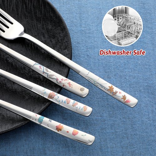 4Pcs 8" Korean Forks 18/10 Stainless Steel Forks Silverware Flatware Louise Kitchen Salad Dessert Fork with Flower Pattern for Dinner Cutlery Home Restaurant, Mirror Finish, Dishwasher Safe