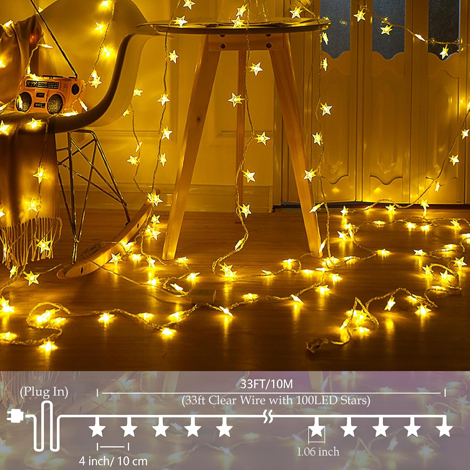 Plun Fairy Star String Lights - 100 LED Waterproof Twinkle Lights with 8 Modes | Warm White for Indoor Decor