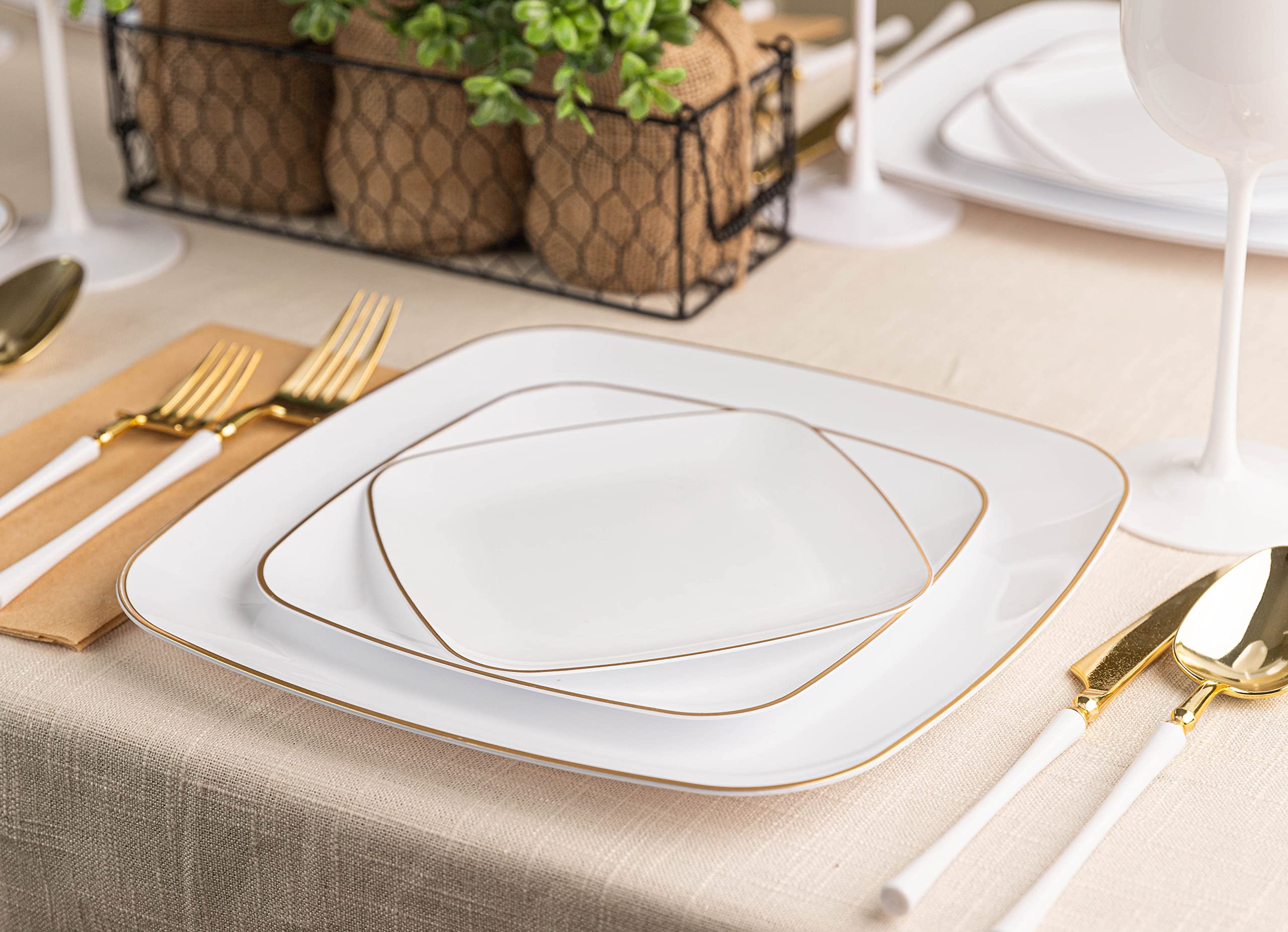 PLASTICPRO Square 128 Piece Combo Plates Set includes 64 x 7'' inch Plates & 64 x 10'' inch Dinner Plates White Plastic Gold Rim Design Party Plates, Premium heavyweight Elegant, Dishes,