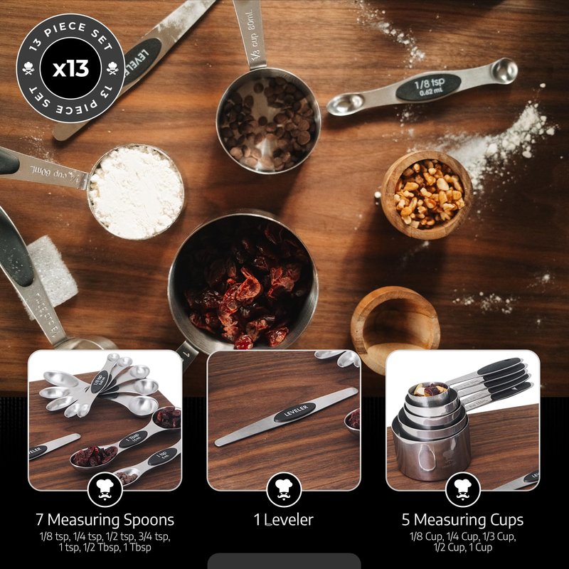 GRUMPY CHEF Stainless Steel Measuring Cups and Spoons Set with Magnetic Leveler – 13-Piece Nesting Set, Dual-Sided Magnetic Spoons, Flat Bottom Design for Stability – Rust-Resistant, Dishwasher Safe