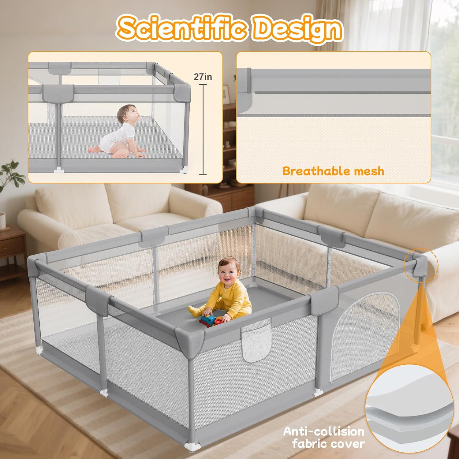 Skiennix Large Baby Playpen - Breathable Mesh Safety Playard with 2 Handles | 74"x50" Grey Activity Center for Indoor & Outdoor Use