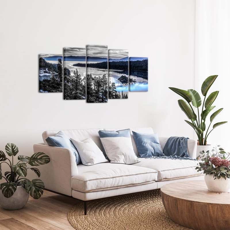sechars Large 5 Piece Lake Tahoe Wall Art Decor Black and White Blue California Mountains Picture Photo Canvas Prints America Landscape Painting for Living Room