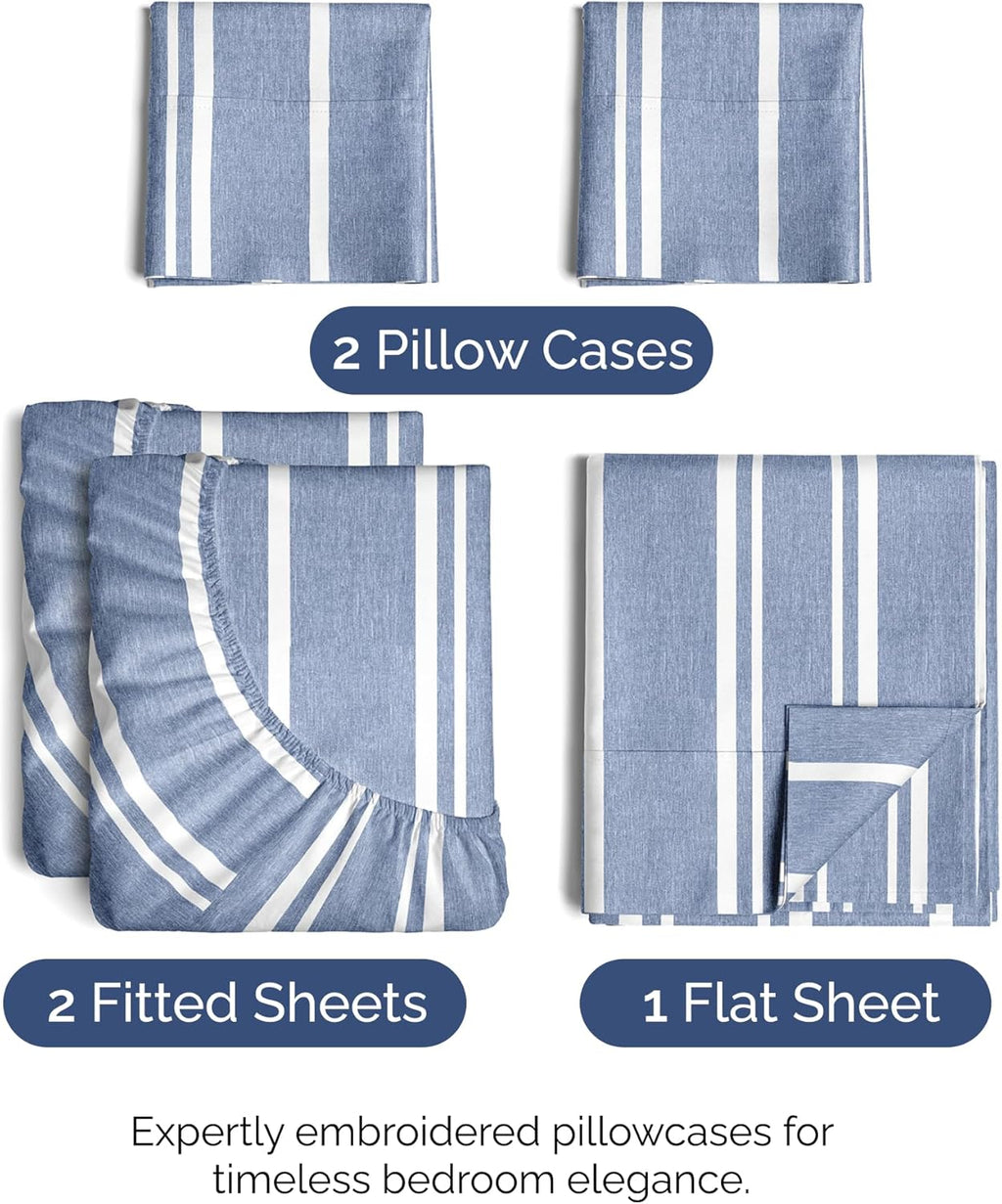 Split King Size 5-Piece Sheet Set - Comfy Cooling Bed Sheets - Luxury Hotel Quality - Deep Pockets - Blue Stripes