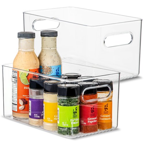 Plastic Food Storage 2 Pack Clear Container Bin with Handles for Organizing Kitchen, Pantry, Refrigerator, Freezer, Pantry, Cabinet, Closet, Bathroom. 10”x6”x5”