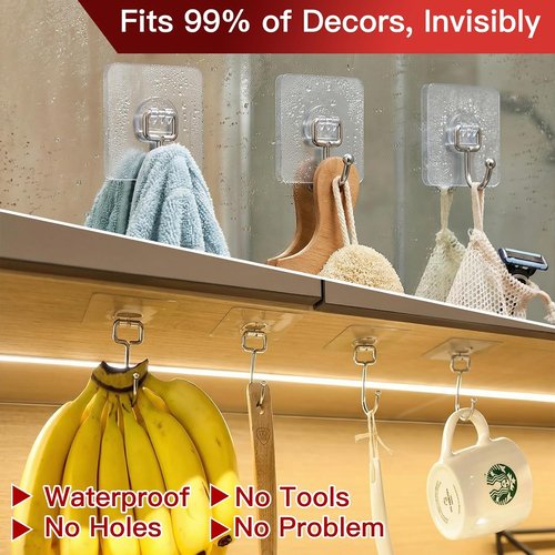 Latoxcaa Heavy-Duty Adhesive Hooks - 8-Pack, 44lb Max Capacity, Waterproof & Transparent for Home Use