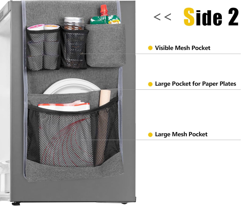 Rexmica Mini Fridge Organizer - 14-Pocket Dust Cover for Kitchen, Office & Dorm Storage | Gray