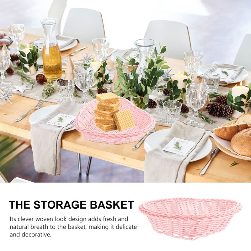 Sewroro Heart Shaped Rattan Basket, Vegetable Fruit Bread Serving Bowl Imitation Rattan Wedding Candy Baskets Dessert Display Tray Desktop Storage Basket (Pink)