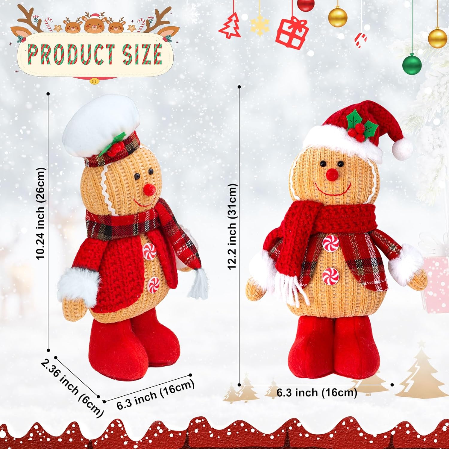 Quescu Gingerbread Christmas Decorations - 2PCS Plush Gingerbread Man Stuffed Dolls for Home Decor & Gifts