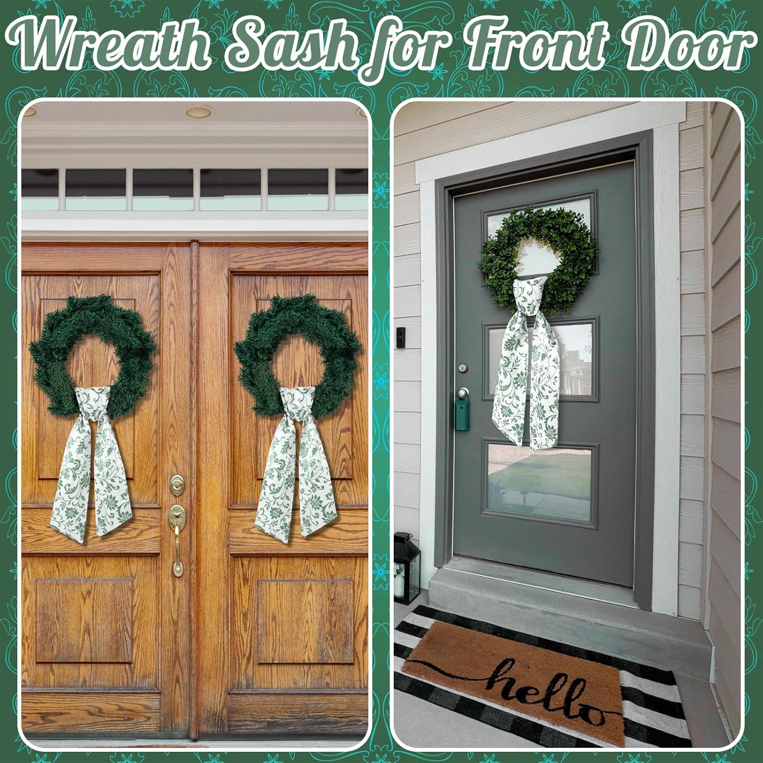 VitalCozy Wreath Sash - 2 Pcs Green Garland Ribbon for Indoor/Outdoor Decor | 4.5" W x 56" L