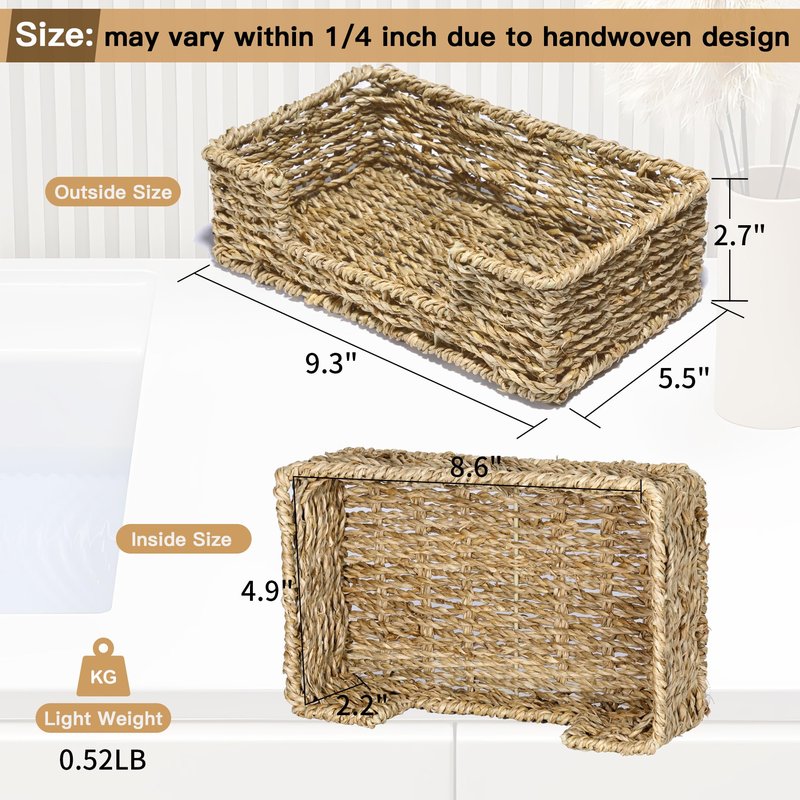 Tadacumir Disposable Guest Towel Holder Tray for Bathroom, Seagrass Paper Hand Face Towel Napkin Holder Long Rectangle Woven Napkin Ratten Wicker Dinner Basket