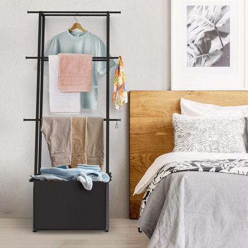 CANYAVE Blanket Ladder Towel Rack with Basket, Wall Leaning Ladder Towel Rack Blanket Holder Rack Drying Rack, 4-Tier Blanket Ladders for Living Room Bathroom (Black with Bag)