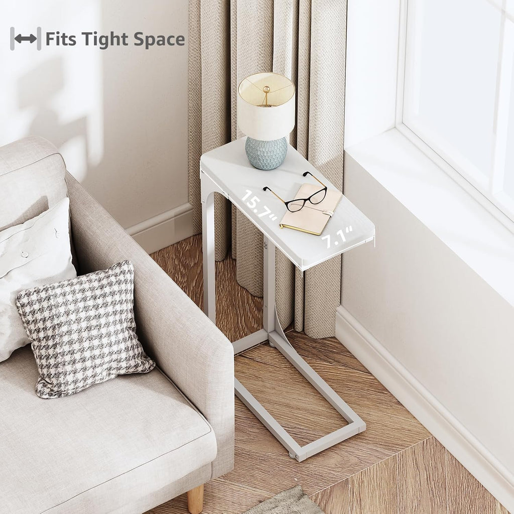 QEEIG Narrow C Shaped Side Table Set of 2 - Modern Slim Couch Tray Tables | White, 7-Inch Width