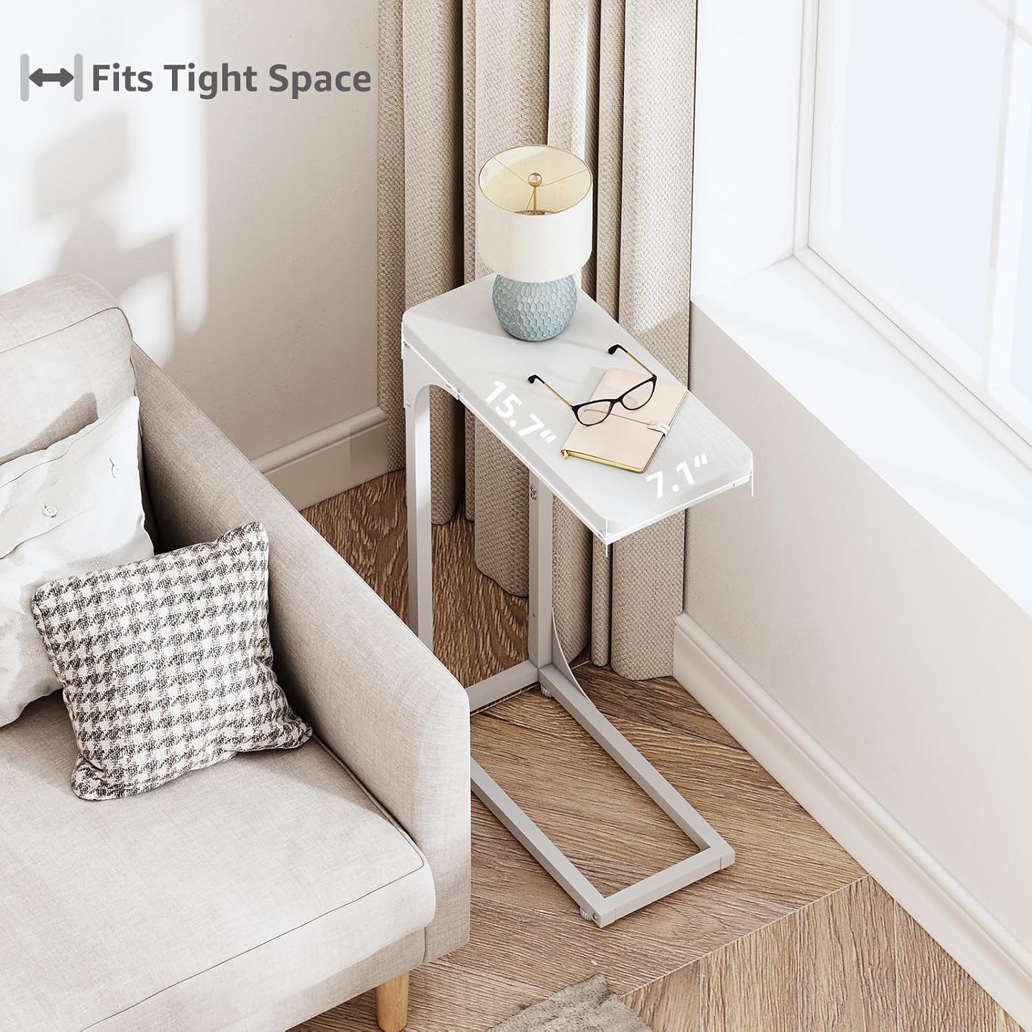 QEEIG Narrow C Shaped Side Table Set of 2 - Modern Slim Couch Tray Tables | White, 7-Inch Width