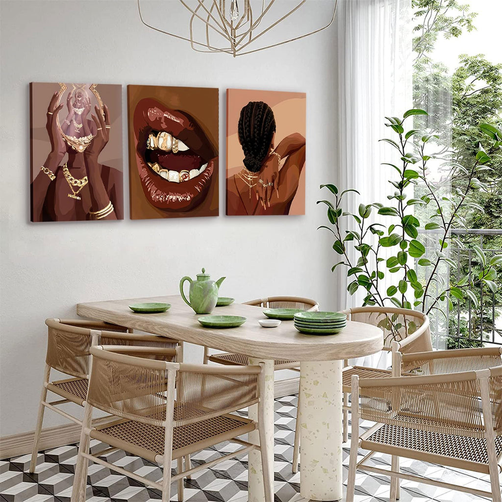 ANVOTIG Framed Black Woman Wall Art Set of 3 Black Girl African Women Canvas Wall Decor American Black Female Pictures Boho Fashion Abstract Posters for Home BedRoom Living Room Bathroom16x24in