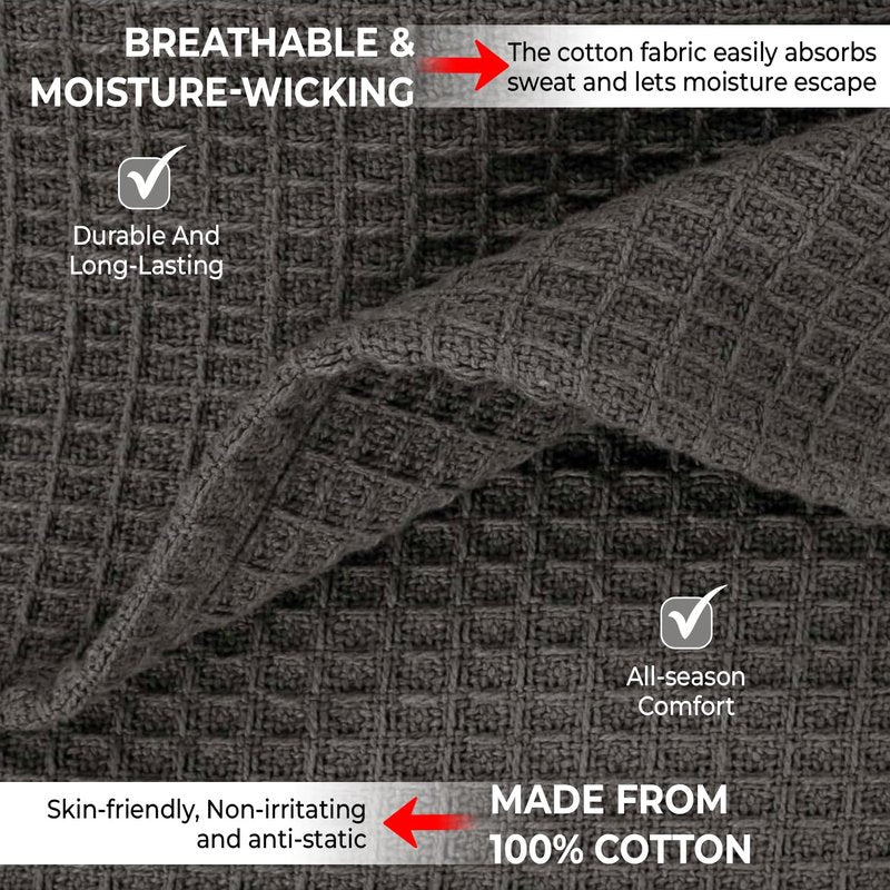 100% Cotton Blankets for Bed - Waffle Weave Blankets for Summer, Lightweight and Breathable Soft Woven Blanket for Spring (Dark Grey, Queen (90" x 90"))