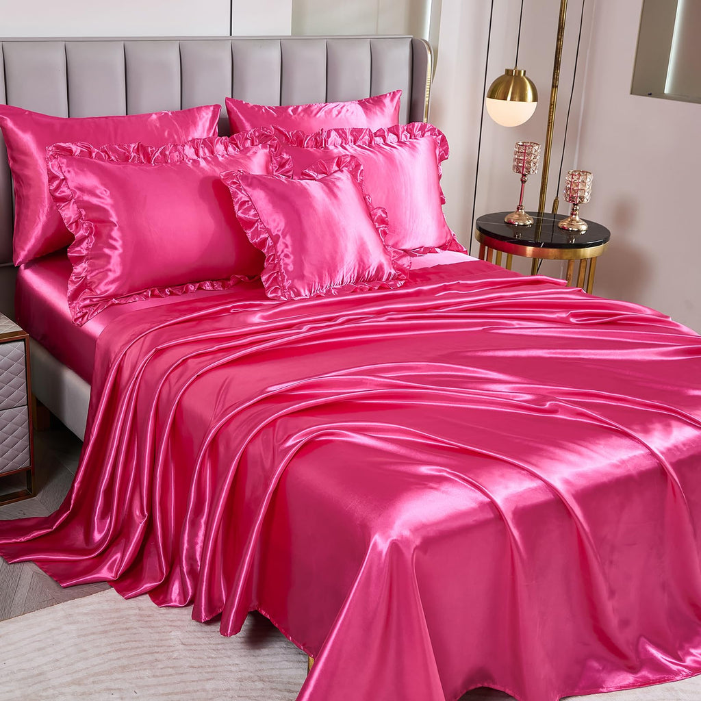 Satin Comforter Set with Sheets,Queen Bed Set,Hot Pink Comforter Set,Bed Room Decor Aesthetic,Silk Like Satin Bedding,8-Piece Ruffle Comforter Bed in a Bag Set, Pink Aesthetic Bedding Set