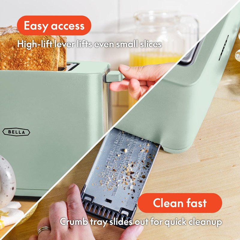 BELLA 2 Slice Toaster with Auto Shut Off - Extra Wide Slots & Removable Crumb Tray and Cancel, Defrost & Reheat Function - Toast Bread, Bagel & Waffle, Sage
