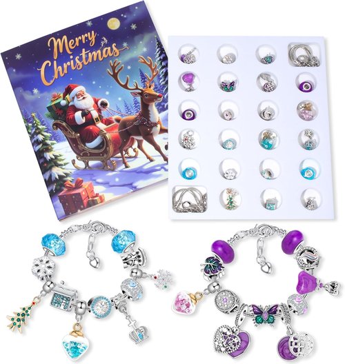 Advent Calendar 2025 - Kids' Christmas Countdown with 22 DIY Charm Beads & 2 Bracelets | Purple