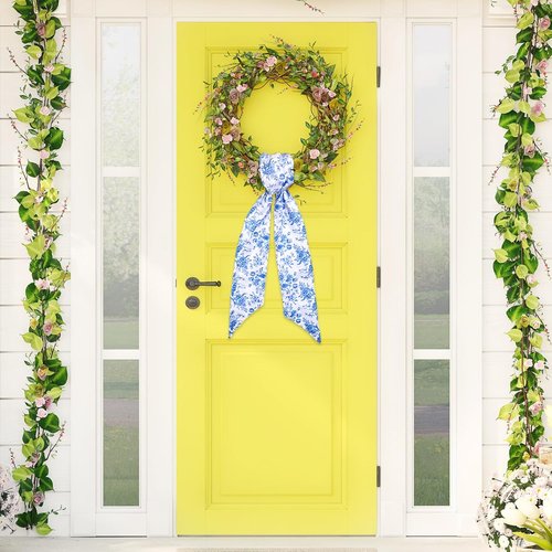 FYSUIMU Blue Flower Wreath Sash - Chinoiserie Floral Garland Ribbon for Holiday Decor | 2 Pcs