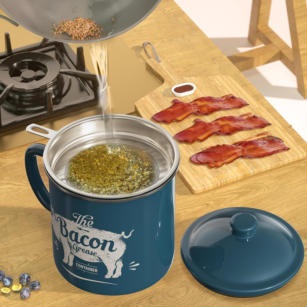 Skiennix Black Meat Chopper - 46oz Blue Bacon Grease Container for Easy Cooking Cleanup