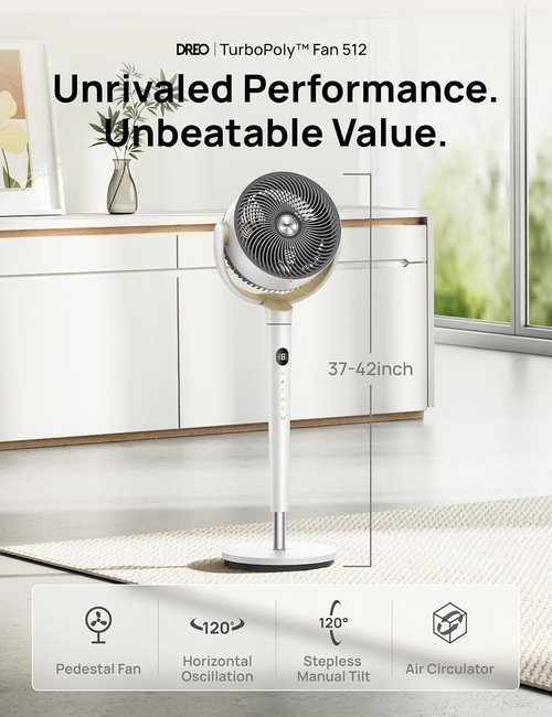 Dreo Oscillating Standing Fan - Quiet 120° Pedestal Fan with 9 Speeds & Adjustable Height (37-42") - White