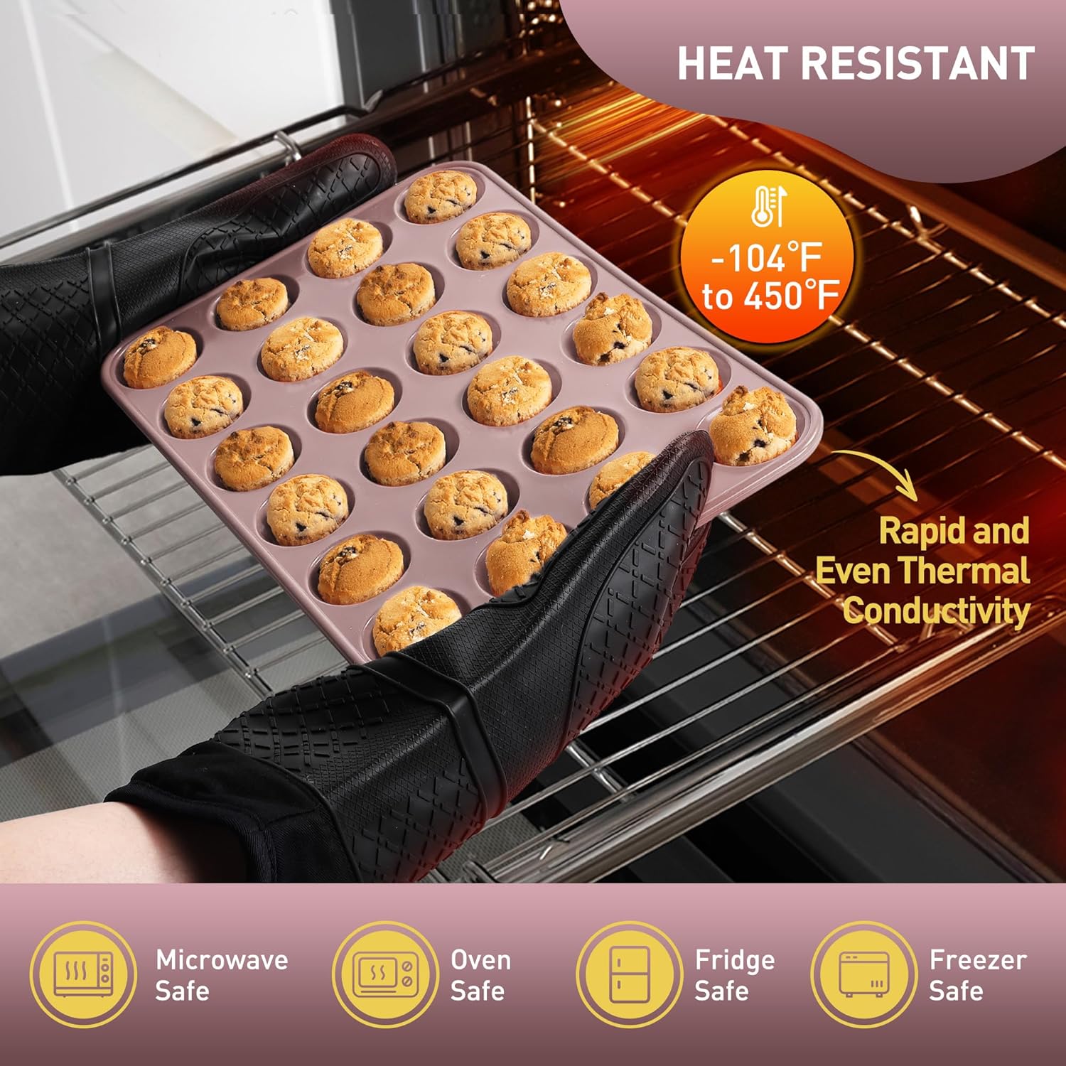 Skiennix Mini Muffin Pan Set - 24 Cup Silicone Molds with Metal Reinforced Frame | Non-Stick & Oven Safe