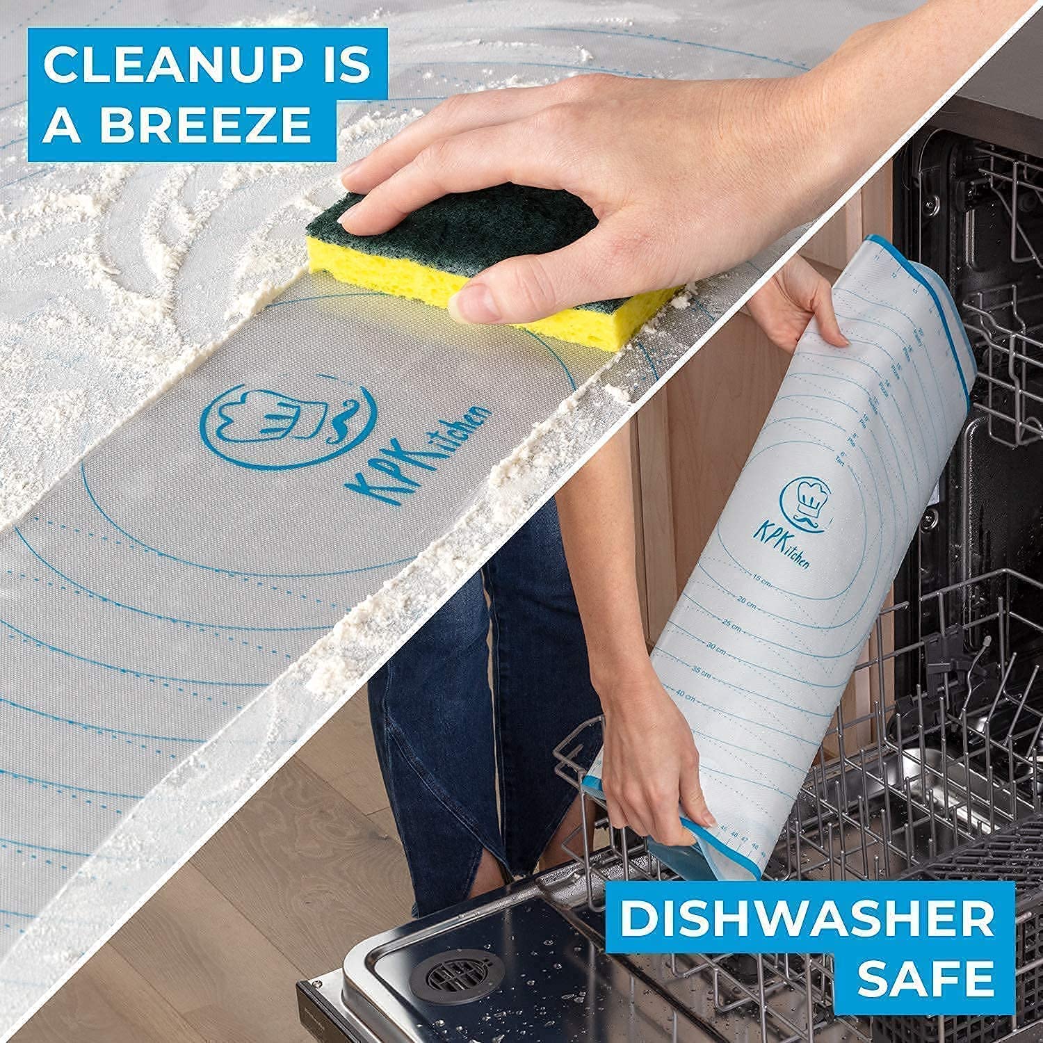 KPKitchen Silicone Baking Mats Set of 5 and Silicone Pastry Mat - 2 Half Sheets Mats + 1 Quarter Sheet Liner + 1 Round & 1 Square Mat + Extra Large Baking Mat For Rolling Out Dough - 100% Silicone